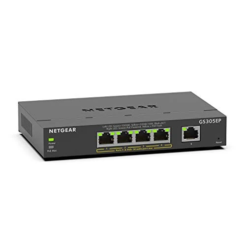 NETGEAR GS305EP Switch PoE 4 porte, Gigabit Ethernet LAN Switch PoE+ 63W Plus, (5 porte Plug and Play, Switch di rete gestito PoE, IGMP Snooping, VLAN, alloggiamento in metallo senza ventola)