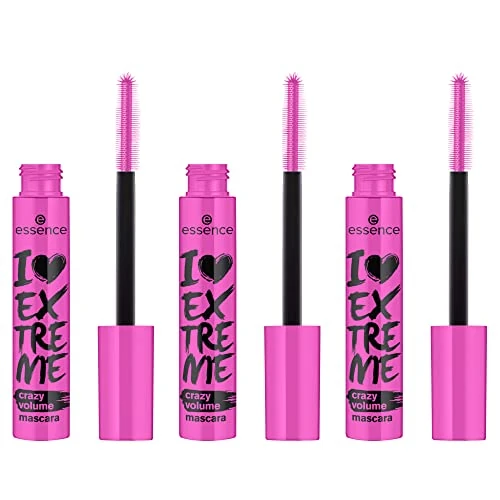 essence I LOVE EXTREME Crazy Volume mascara, zwart, langdurig, volumegevend, zwaaigevend, verlengend, veganistisch, zonder microplasticdeeltjes, nanodeeltjes, zonder parfum, verpakking van 3 stuks (3