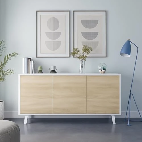 Zeitlich begrenztes Angebot: Dmora - Arvada-Sideboard, Küchenbuffet, Wohnzimmer-Design-Garderobe, modernes Sideboard mit 3 Türen und Regalen, 154 x 40 x 75 cm, Weiß und Eiche von 259.99 € auf 259.99 € (0.00% Rabatt)