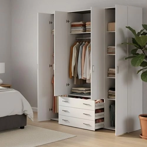 Dmora - Large Wardrobe Francine, Bedroom furniture, Walk-in wardrobe, Clothes wardrobe, 154x50 h200 cm, White