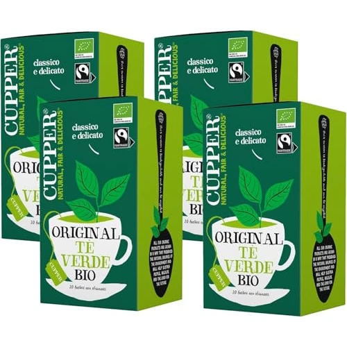 Offerta a tempo: CUPPER Tè Verde Biologico Fairtrade, Gusto Delicato e Raffinato, Tè Verde da Agricoltura Biologica, Filtri 100% Biodegradabili, 4 Confezioni da 20 bustine di tè, Totale 80 bustine - 33% da 11.96 € a 7.96 €