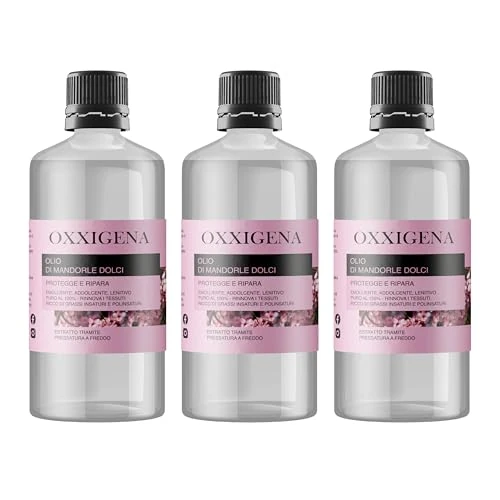 Offerta a tempo: Oxxigena - Olio di Mandorle Dolci Naturale e Puro al 100%, 3 Confezioni da 1 L, Estratto a Freddo, Ideale per Massaggi Corpo, come Idratante e Struccante per la Pelle Secca e per i Capelli Crespi - 0.00% da 39.99 € a 39.99 €