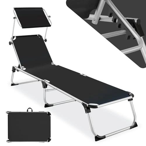 TecTake® Tumbona Plegable con Toldo y Respaldo Regulables, Tumbona Piscina Resistente a la Intemperie, Tumbonas Jardín Exterior con Parasol, Tumbona Playa Carga Máx. 120 kg, Fácil Transporte - Negro