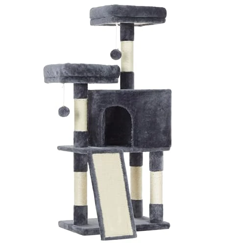 Feandrea Kratzbaum klein, Katzenbaum mit Kratzbrett, Plattformen, für Katze, weicher Plüsch, 115 cm, vollständig mit Sisal umwickelte Säule, rauchgrau PCT141G01