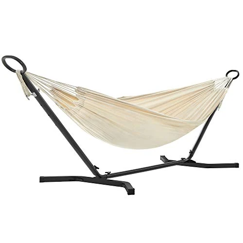 SONGMICS Hammock with Stand, 210 x 150 cm, 5 Adjustable Heights, Metal Frame, 240 kg Load Capacity, for Patio, Garden, Yard, Black Stand and Beige GHS001M01