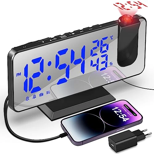 TAKRINK Projection Alarm Clock Rotary 180° Alarm Clock Digital Projection FM Radio Function Indoor Temperature Humidity with USB Charging Port, 2 Alarm Clocks, 4 Brightness Levels