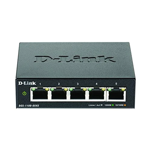 D-Link DGS-1100-05V2 Smart Switch Gestito, 5 Porte Gigabit, Supporto VLAN, Funzionalità layer 2, QoS, 802.3az EEE, Senza Ventole