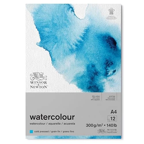 Offerta a tempo: Winsor & Newton Carta per acquarello, Grana Fine, 300gr, Miscela Di Fibre di Cotone 25% e Cellulosa, Bianco Naturale,, Priva di Acidi, DIN A4, Blocco incollato 1 Lato, 12 Fogli - 29% da 11.90 € a 8.39 €