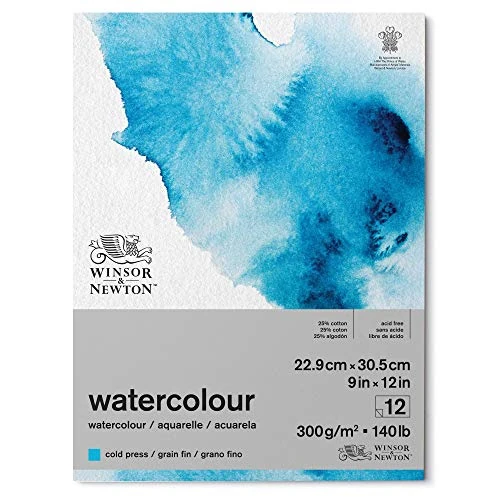 Winsor & Newton Carta per acquarello, Grana Fine, 300gr, Miscela Di Fibre di Cotone 25% e Cellulosa, Bianco Naturale,, Priva di Acidi, 22,9 x 30,5cm, Blocco incollato 1 Lato, 12 Fogli