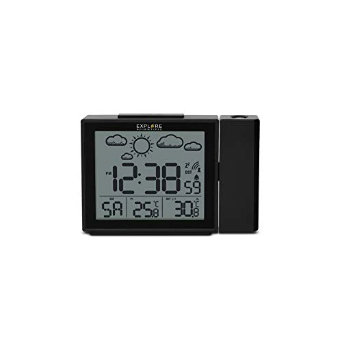 Explore Scientific RPW3009 Radio Controlled Time Display Projection Clock Weather Function USB Port Charging Phone Indoor Temperature Sensor Black