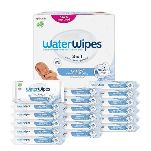 Limitiertes Angebot: WaterWipes Sensitive+ Newborn & Baby Wipes, Feuchttücher für Neugeborene und Babys, 720 Stück (12 Packungen), 3-in-1-Reinigung, Pflege, Schutz, 99,9% Wasser, parfümfrei von 37.49 EUR auf 33.99 EUR (Spare 9%)