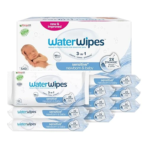 WaterWipes Original Baby Wipes, 540 unidades (paquete de 9), 99,9% agua, 3 en 1 limpia, cuida, protege, sin perfume, el envase puede variar