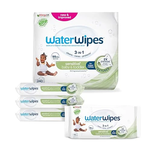 WaterWipes Sensitive+ Baby & Toddler Wipes, 240 Count (4 Packs), 3-In-1 Cleans, Cares, Protects, 99.9% Water, Textured Clean, Unscented