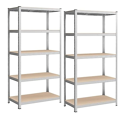 Limited-time offer: SONGMICS GLR050E02 Set of 2 Heavy Duty Shelving Units, Steel Shelving Unit, 5 Shelves, Screwless for Garage, Warehouse, Utility Room, Load Capacity 600 kg, 50 x 100 x 200 cm, Silver from 79.98 £ to 79.98 £ (save 0.00%)