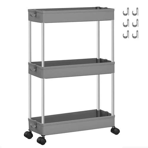 Offerta a tempo: SONGMICS Carrello Portaoggetti a 3 Livelli, Carrello con Ruote, Carrellino da Cucina Bagno Ufficio, 14,4 x 42 x 60,6 cm, Grigio Tortora KSC007G01 - 6% da 17.99 € a 16.99 €
