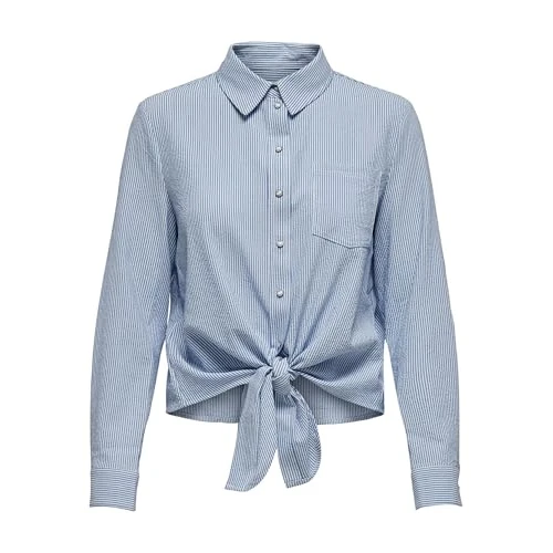 ONLY ONLLECEY LS Stripe Knot DNM Shirt Noos Blusas, Cloud Dancer/Stripes:Medium Blue, S para Mujer