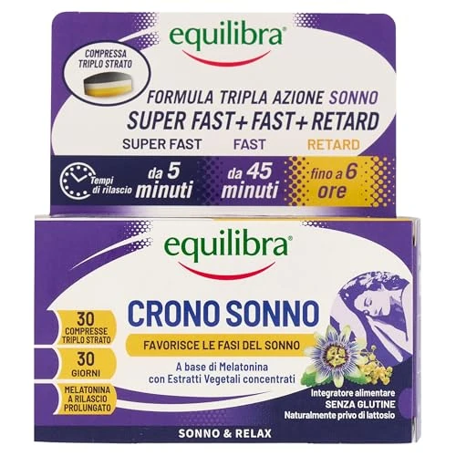 Equilibra Integratori Alimentari, Crono Sonno, Integratore a Base di Melatonina ed Estratti Vegetali in Compresse con Tecnologia Innovativa Super Fast + Fast + Retard, 30 Compresse Triplo Strato