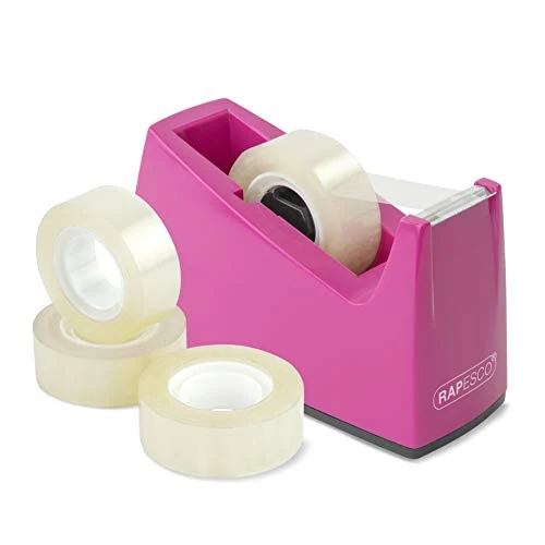 Rapesco 1621 300 Tape Dispenser for Rolls with 1" (25 mm) Core, Includes 4 Tape Rolls, Hot Pink