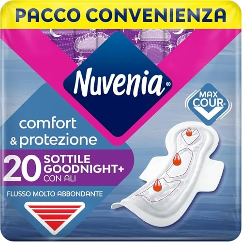 Nuvenia - Absorbente fina noche con alas - Superficie suave y control de olores - Paquete de 20 absorbentes