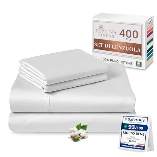 Offerta a tempo: Pizuna Set lenzuola letto super king Cotone 180x200 cm Bianco 400 fili 4Pz - 18% da 122.90 € a 100.78 €