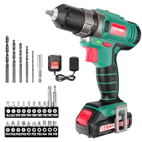HYCHIKA 12V Cordless Screwdriver with Batteries, 30Nm Drill Driver, 21+1 Torque Settings, 27 Accessories, 2 Speeds, LED, for DIY, Green and Black