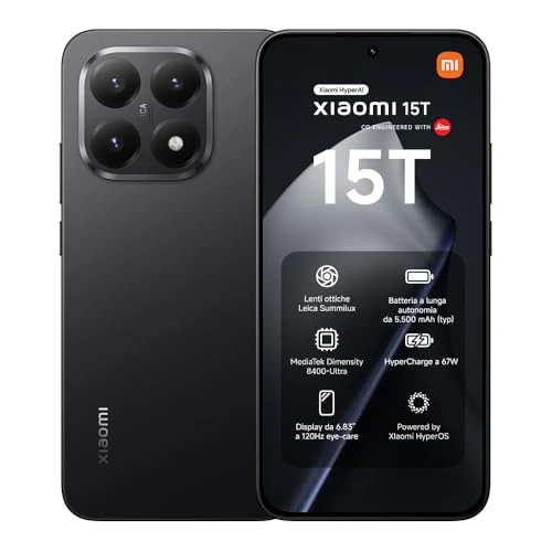 Xiaomi 15T, Smartphone 12+512GB, Display da 6,83" 120Hz, MediaTek Dimensity 8400-Ultra, Obiettivo ottico Leica Summilux da 50MP, 5500mAh, Garanzia 2 Anni, Nero, Caricabatterie non incluso