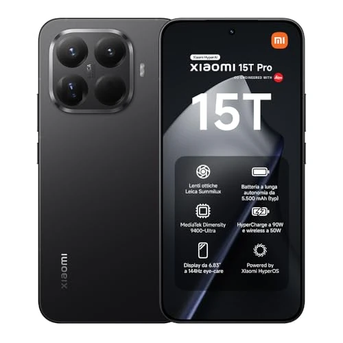 XIAOMI 15T Pro, Smartphone 12+512GB, Display Eye-care da 6,83" 144Hz, MediaTek Dimensity 9400+, Teleobiettivo Leica 5x Pro da 50MP, 5500mAh, Garanzia 2 Anni, Nero, Caricabatterie non incluso