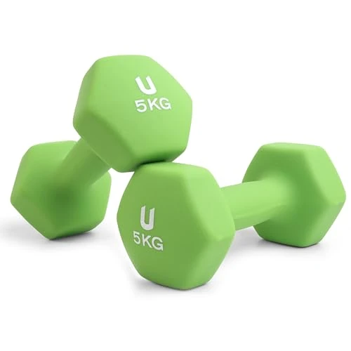 unycos - Zestaw 2 Hantli Neoprenowe Antypoślizgowe 5 kg z Sześciokątną Konstrukcją, Ergonomicznymi, Obciążnikami do Treningu Siłowego, Fitnessu, Pilatesu, Domowa Siłownia (Zielony)