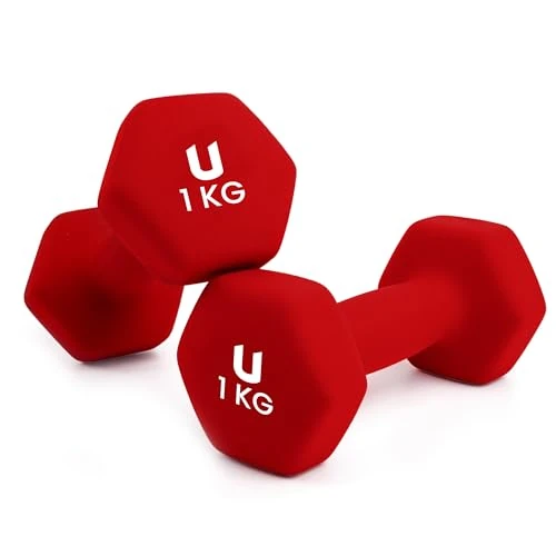 unycos - Set de 2 Haltères 1 kg, Musculation, Cross-Training, Enveloppe Caoutchouc Résistante aux Chocs, Fitness, Poids Courtes, Anti-Roulement, Hexagonaux, Entraînement à la Maison (Rouge)