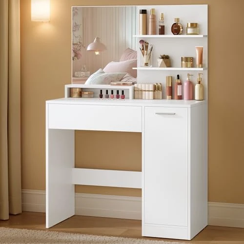 Oferta limitada: VASAGLE Kailyn Colección - Tocador, Mesa de Maquillaje, Gabinete con 2 Estantes Ajustables, 1 Cajón, 2 Estantes Abiertos, Estilo Moderno, Blanco RDT119W01 de 87.99 € a 79.19 € (ahorro 10%)