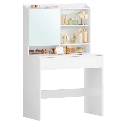 Offerta a tempo: VASAGLE Toeletta con Specchio, Tavolo da Trucco con Armadietto Specchiera e Cassetto, Ripiani Regolabili, Postazione Trucco, Stile Moderno, 70 x 40 x 136 cm, Bianco RDT118W01 - 15% da 72.99 € a 62.04 €
