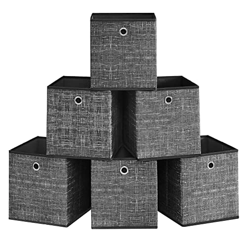 SONGMICS Scatole Portaoggetti, Set di 6 Contenitori in Tessuto Non Tessuto con Manico, 30 x 30 x 30 cm, Unità di Organizzazione, per Scaffale, Pieghevoli, Porta Abiti, Nero Melange RFB006B01
