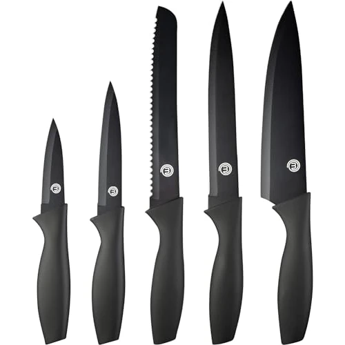 MasterChef Cuchillos Cocina, Set de Chef (Carne, Sierra por Pan, Verduras y Pescados), Acero Inoxidable, Asas Suaves al Tacto, Multifuncional, 5 Piezas, Negro