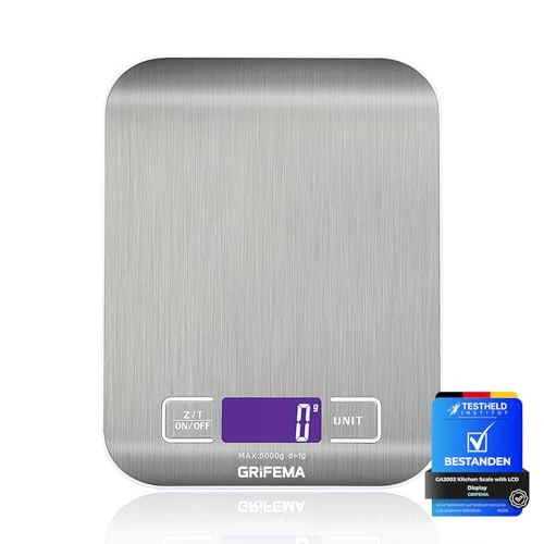 Limitiertes Angebot: GRIFEMA Digitale Küchenwaage (Hochpräzise 1g-5000g), Feinwaage mit LCD Display und 2 Batterien, Waage Küchenwaage Abstellautomatik und Tara, Digitalwaage mit 6 Maßeinheit, Briefwaage Edelstahl von 8.98 EUR auf 7.55 EUR (Spare 16%)
