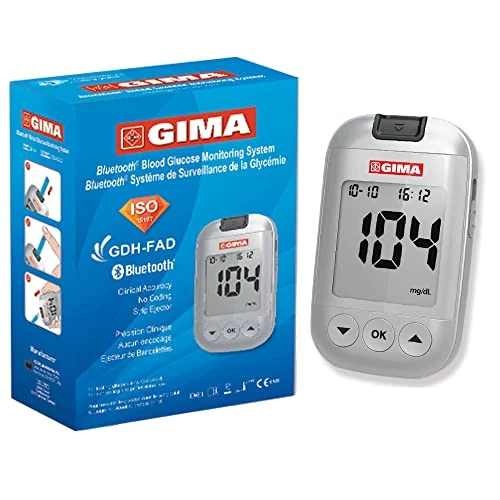 GIMA blood sugar measuring device complete set for blood sugar control and monitoring with 10 strips of control solution 10 sterile lancets lancing device pen, Bluetooth