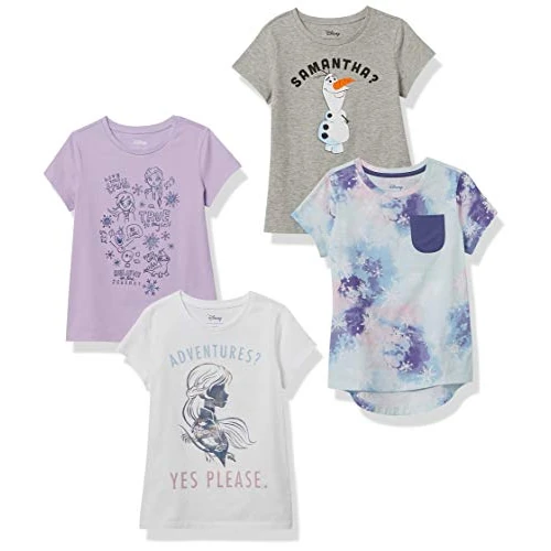 Amazon Essentials Disney | Marvel | Star Wars | Frozen | Princess Camisetas de Manga Corta Niña, Pack de 4, Frozen/Teñido Anudado, 3 años