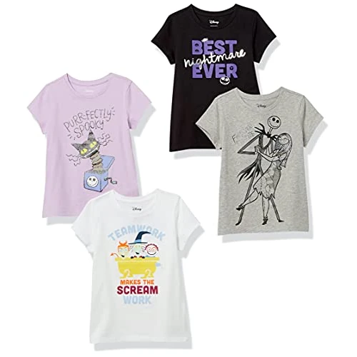 Amazon Essentials Disney | Marvel | Star Wars | Frozen | Princess T-Shirt a Maniche Corte Bambine e Ragazze, Pacco da 4, Bianco/Grigio/Nero/Nightmare Spooky, 9 Anni