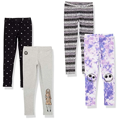 Amazon Essentials Disney | Marvel | Star Wars | Frozen | Princess Leggings Bambine e Ragazze, Pacco da 4, Black/Grey/Purple, Nightmare Sally, 6-7 Anni