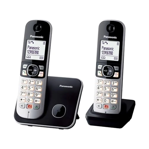 Panasonic KX-TG6852JTB Telefono Cordless Digitale, Unità Base e 2 Ricevitori, ID Chiamante, Blocco Chiamate Indesiderate, Suoneria Categoria, Display LCD, Tastiera Illuminata, Nero