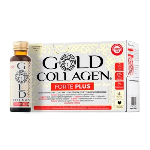 GOLD COLLAGEN New Forte Plus - Collagene Integratore Antirughe con Vitamina C Antiossidante, 8g Collagene Marino con Acido Ialuronico, Biotina Capelli, Pelle, Unghie e Sistema Immunitario, 1 x 10x50ml