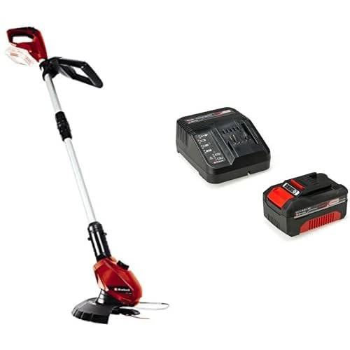 Einhell GE-CT 18 Li-Solo Power Tosaerba a filo cordless X-Change + Power-X-Change Starter Kit, Caricabatteria e Batteria da 4000 mAh Li-Ion, Nero, Rosso