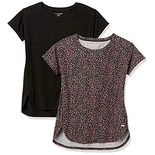 Amazon Essentials Camiseta Studio Ligera, Holgada y con Cuello Redondo (Disponible en Tallas Grandes) Mujer, Pack de 2, Negro Estampado de Confeti, M