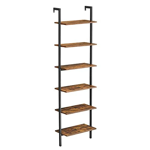 VASAGLE Estantería Escalera, Estantería de 6 Niveles, Librería de Escalera, para la Sala de Estar, Oficina, Dormitorio, 60 x 30 x 204,8 cm, Estilo Industrial, Marrón Rústico y Negro LLS103B01