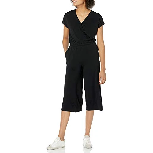 Oferta limitada: Amazon Essentials Mono Corto de Manga Corta con Sobrepelliz y Pernera Ancha con Cintura Elástica Mujer, Negro, S de 27.90 € a 18.40 € (ahorro 34.05%)