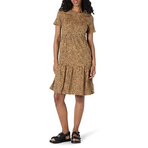 Amazon Essentials Robe à Volants à Manches Courtes et Col Rond Femme, Fauve Foncé Léopard, XXL