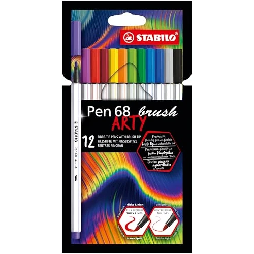 STABILO Pen 68 brush - Premium Fibre-Tip Pen with Brush Tip - ARTY - Pack of 12 - Assorted Colours