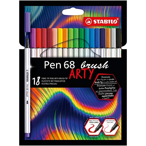 STABILO Pen 68 brush - Premium Fibre-Tip Pen with Brush Tip - ARTY - Pack of 18 - Assorted Colours