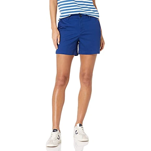 Limited-time offer: Amazon Essentials Women's Mid-Rise Slim-Fit 5" (12.7 cm) Inseam Khaki Shorts (Available in Straight and Curvy Fits), Blue, 12 from 17.40 £ to 14.98 £ (save 14%)