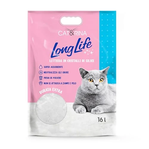 Cat&Rina litière pour Chat Long Life Super Absorbent de Silice,Bactériostatique et Antiallergique. Sable sans poussière et sans Risques. sans Odeur, Classique. Paquet de 16L, Format Maxi