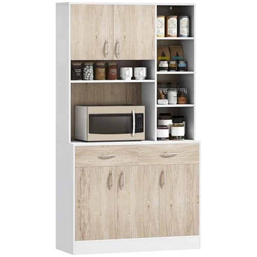 HOMCOM Küchenbuffetschrank, Schubladentüren und offene Fächer, 100L x 39D x 181.5Acm Weiß und Holz